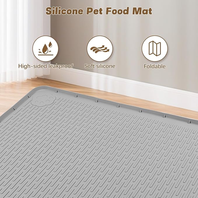 Cat Food Mat, 57" x 40" Extra Large Silicone Pet Feeding Mat with Raised Edge Pet Placemat for Food and Water Bowl Non-Slip, Easy to Clean, Floor Protection (Light Grey)