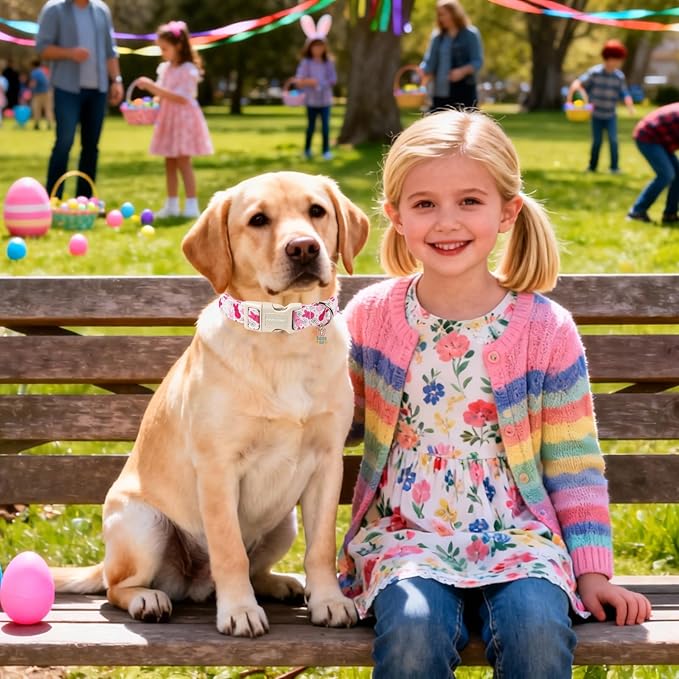 DOGWONG Easter Dog Collar, Cute Easter Pink Bunny Pet Collar Durable Holiday Girl Boy Adjustable Cotton Dog Collars for Large Dogs,XL Visit The Elegant Little Tail Store