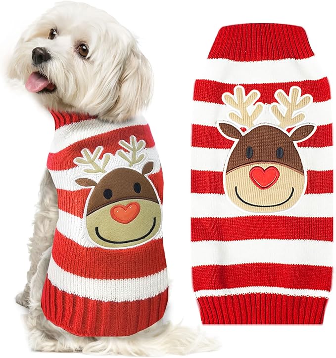 Dog Christmas Sweater Cute Striped Reindeer Xmas Pet Clothes Holiday Puppy Cat Costume New Year Gifts for Small Medium Large Dogs Jumpers (S, Red White Stripe Reindeer)