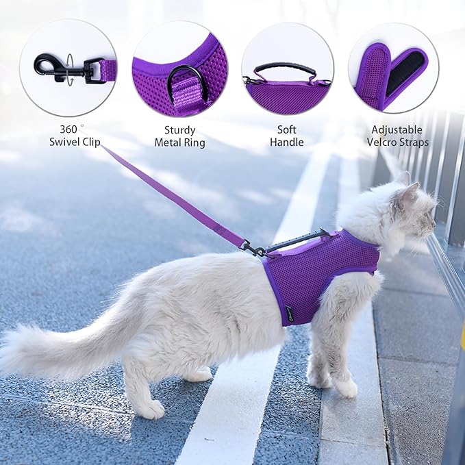Cat Harness and Leash for Walking Escape Proof Breathable Mesh Fabric, Purple, Medium, Adjustable Cat Walking Jackets with Handle, Padded Stylish Cat Vest