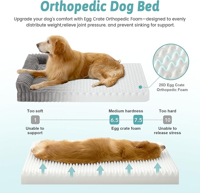 Cute Dog Bed for Extra Large Dogs, Faux Rabbit Fur Orthopedic Foam Dog Bed with Sides, Removable Washable Cover & Waterproof Lining, Comfortable Pet Couch, Grey (48" L x 35" W x 7.5" Th)