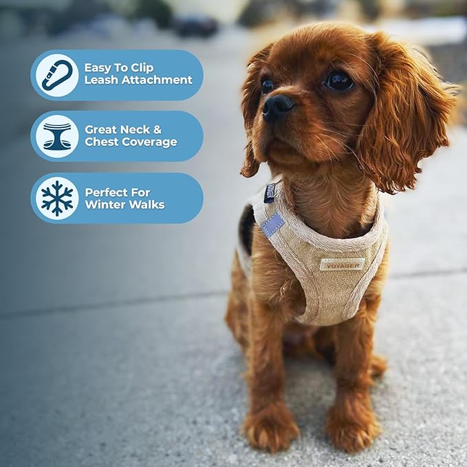 Best Pet Supplies - All Weather Plush, Reflective, No Pull Harness for Small, Medium Dogs, Cats - Secure with Hook & Loop Fastener, Buckle, Double D-Rings - Latte Suede, L