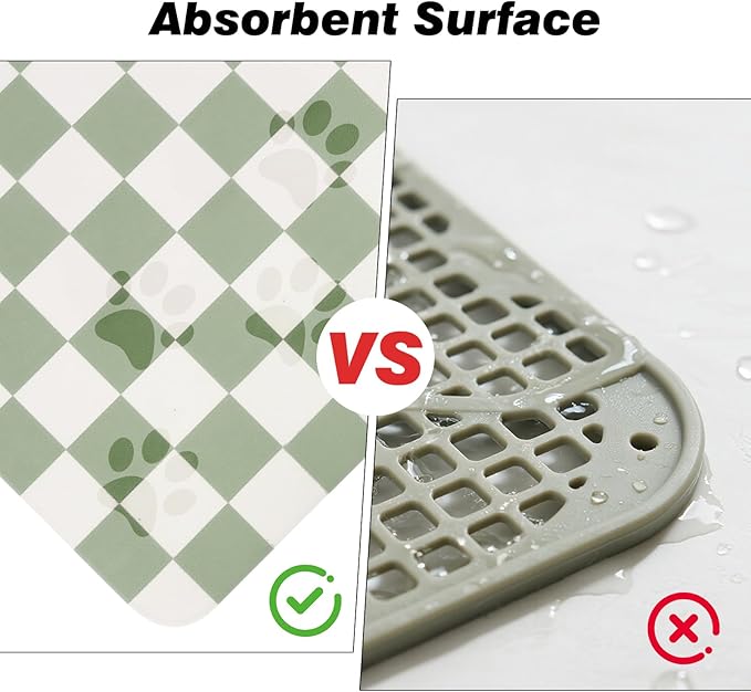 Checkered Dog Food Mat, Absorbent Leak-Proof Pet Feeding Mat, Quick Dry Cat Food Mat for Messy Drinkers 16" x 24" Green