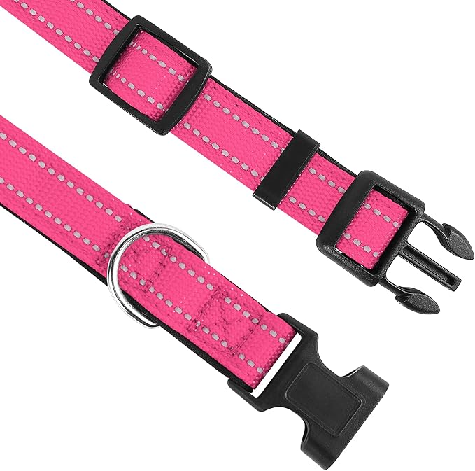 Reflective Dog Collar, Adjustable Soft Neoprene Padded Nylon Pet Collars with Buckle for Puppy and Small Dogs, Cats, Hotpink,XS