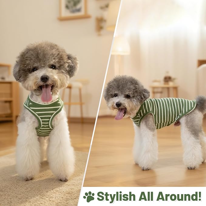 Dog Clothes, Stripe Dogs Shirts for Small & Medium Breeds, Pet Tank Top, Breathable Waffle Fabric Puppy Outfit, Shirt for Chihuahua, Yorkie, Dachshund, Corgi (Green, Large)
