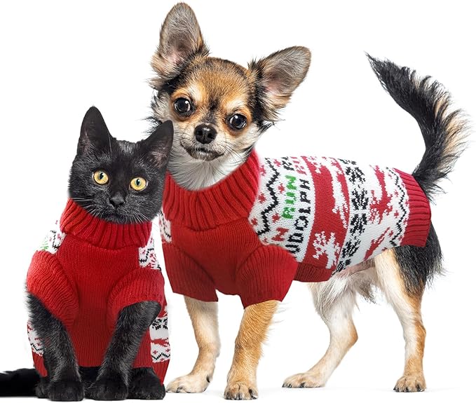 Dog Christmas Sweater Xmas Pet Clothes Cute Reindeer Christmas Dog Costume Outfits Holiday Knitwear Puppy Cat Jumpers New Year Gifts for Small Medium Large Dogs(Red Runing Deer,XS)