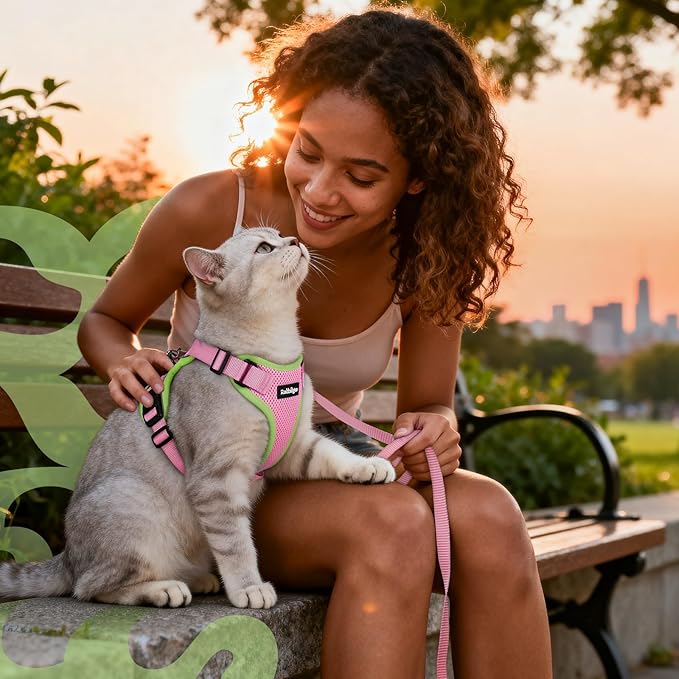 rabbitgoo Cat Harness and Leash for Walking, Escape Proof Soft Adjustable Vest Harnesses for Cats, Easy Control Breathable Reflective Strips Jacket, Pink&Light Green, XS