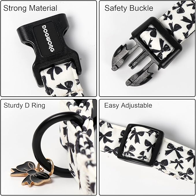 DOGWONG Cute Dog Collar, Black Bow Pattern Dog Collar, Girl Female Dog Collars with Strong Plastic Buckle for Small Medium Dogs,M