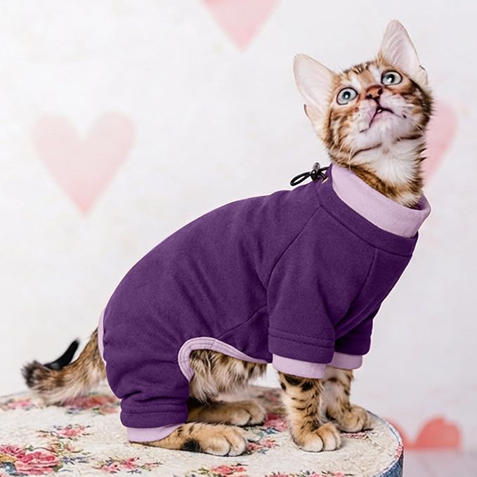 PUMYPOREITY Cat Recovery Suit, Stops Wound Licking After Surgery, Sticky Hair Shirt with Sticky Fabric, Cat Pajamas Prevents Over-Grooming, Purple, XS
