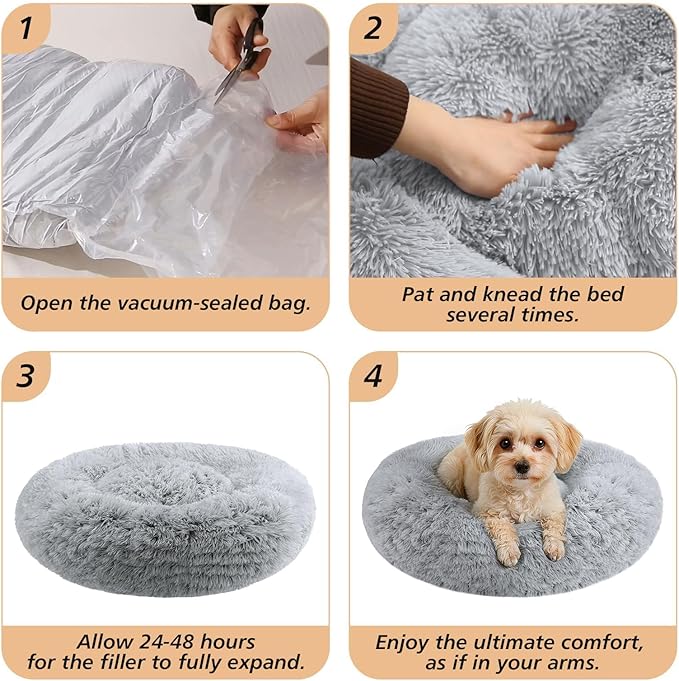 JOLLYVOGUE Calming Dog Bed Medium Size Dog, Anti-Anxiety Donut Medium Dog Bed, 31 inches Fluffy Faux Fur Cushion Bed for Dogs and Cats, Fits up to 45 lbs Pets (Smoke Grey)