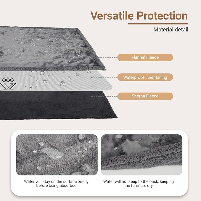 Waterproof Dog Blanket for Medium Dogs - Reversible Washable Pet Blanket, Soft Sherpa Fleece Furniture Protector, Cat Throw Bed Couch, Grey, 30"x40"