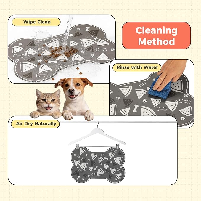 Dog Food Mat, 0.15” Thickened Super Absorbent Pet Feeding Mat for Food and Water, Fruit Donut Pattern Cat Placemat, Quick Dry Non-Slip Dog Bowl Mat, Water Splash Proof（Small Watermelon Grey）