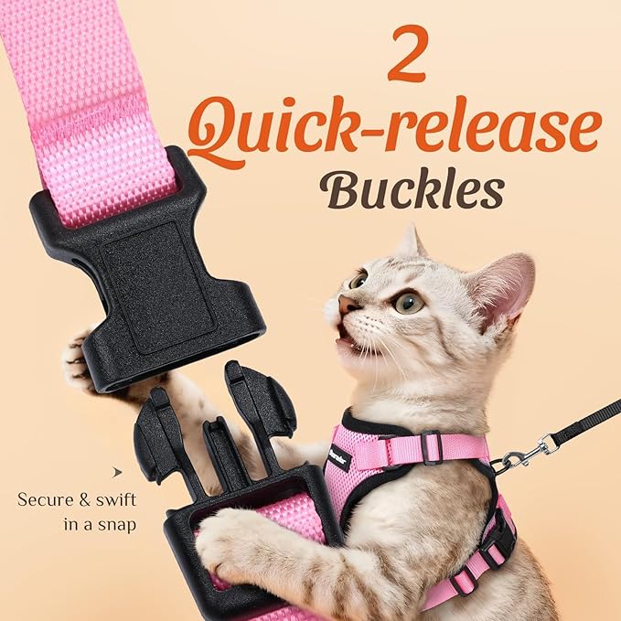 Dooradar Cat Harness and Leash Set, Escape Proof Safe Adjustable Kitten Vest Harnesses for Walking, Easy Control Soft Breathable Mesh Jacket with Reflective Strips for Cats, Pink, XS
