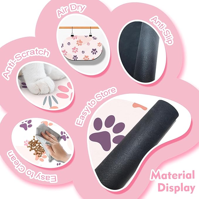 Cat Food Mat 24''x16'', Absorbent Cat Mats for Food and Water, Non-Slip Rubber Mat for Cats Bowls, Easy Store Pet Food Placemat, Mats for Under Cats Food Bowls, Fit with Kitchen, Living Room, Pink Paw