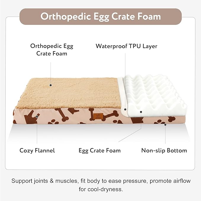 Waterproof Orthopedic Dog Bed for Large Medium Sized Dogs 35x22 Inch - Egg Crate Foam Pet Crate Bed with Removable Washable Cover, Plush Top Anti-Slip Bed Mat, Beige