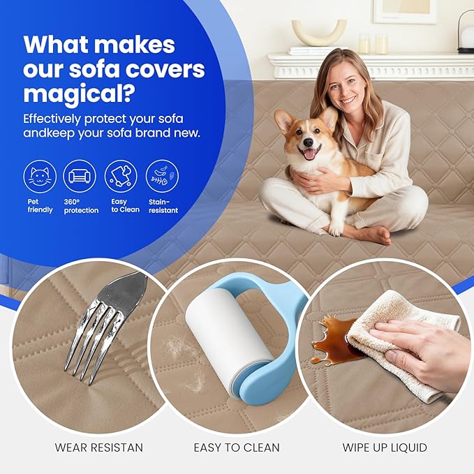 Waterproof Couch Covers for Pets, Waterproof Dog Bed Cover, Anti-Slip Soft Dog Blankets, Couch Cover for Dogs Washable, Pet Blanket for Puppy Large Dogs Cat (82x102 Inch, Khaki)