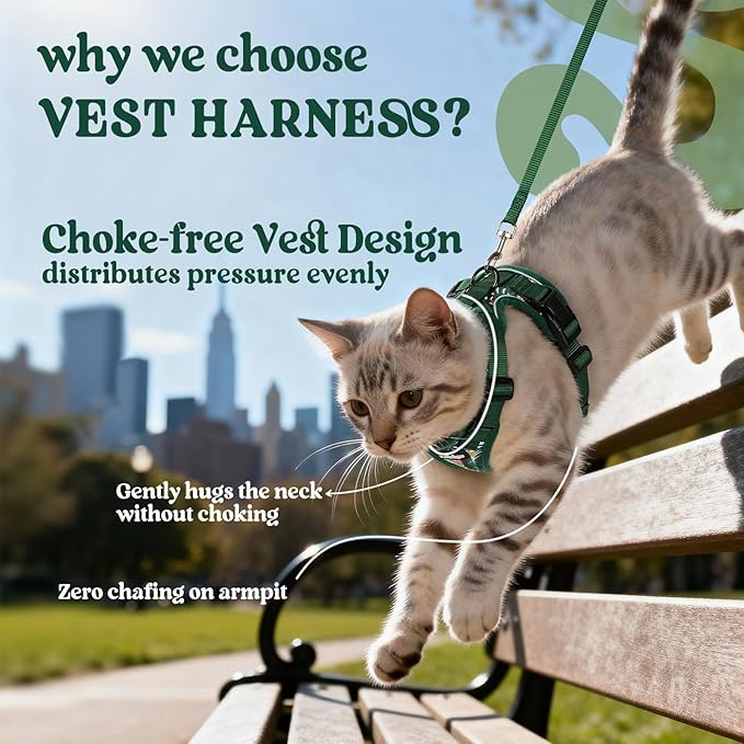 rabbitgoo Cat Harness and Leash for Walking, Escape Proof Soft Adjustable Vest Harnesses for Cats, Easy Control Breathable Reflective Strips Jacket,Rainforest Green,XXS