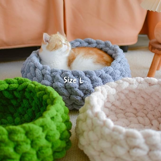 Cat Nest Bed - Premium Self Warming Handwoven Washable Extra Soft Round Cave House for Indoor Kitten & Kitty, Small & Large (Grayish Blue,Large)