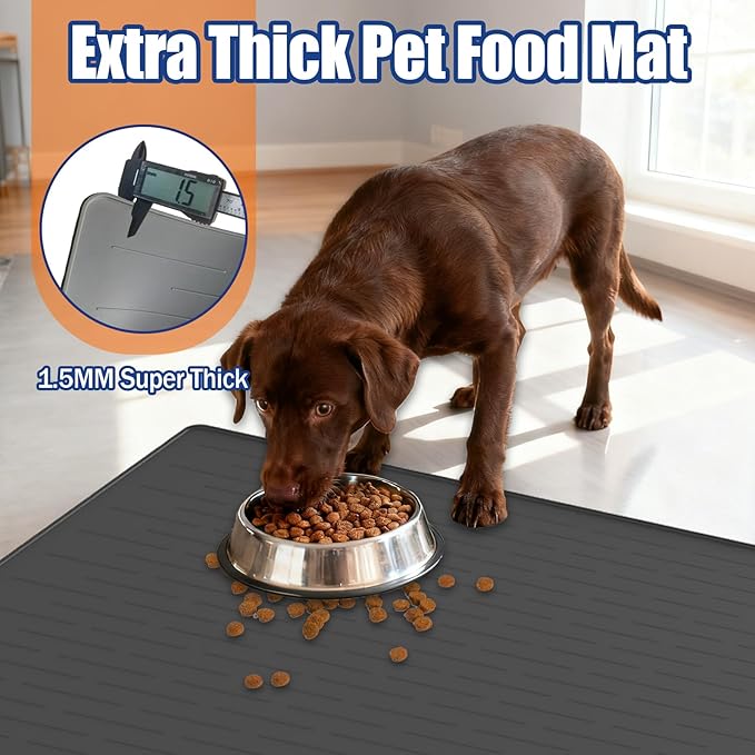 48"x32" Extra Large Pet Food Mat, 1.5MM Super Thick Silicone Dog Mats for Food and Water, XXXL Nonslip Pet Feeding Mats for Floors,Dog Cat Bowl Mat with Raised Edges, Light Gray