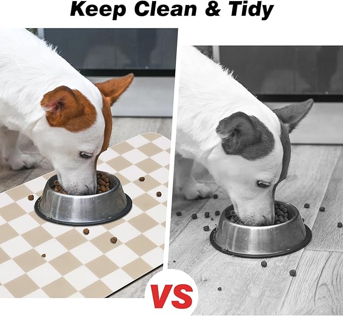 Checkered Dog Food Mat, Absorbent Leak-Proof Pet Feeding Mat, Quick Dry Cat Food Mat for Messy Drinkers 16" x 24" Khaki
