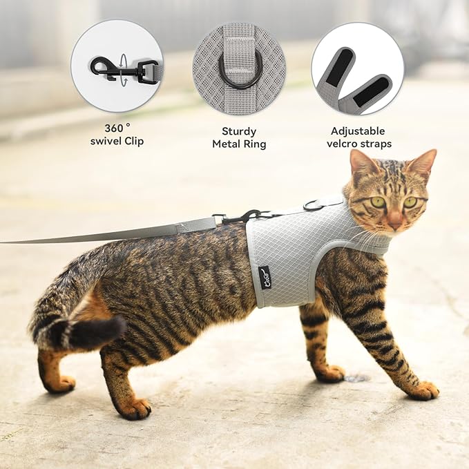 Cat Harness and Leash for Walking Escape Proof Breathable Mesh Fabric, Solid Grey, Extra Large, Adjustable Cat Walking Jackets, Padded Stylish Cat Vest