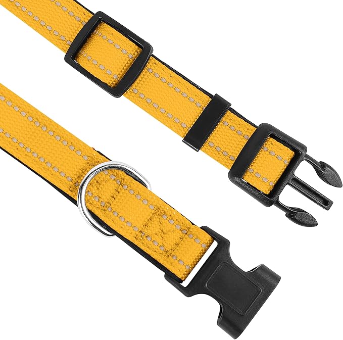 Reflective Dog Collar, Adjustable Soft Neoprene Padded Nylon Pet Collars with Buckle for Puppy and Small Dogs, Cats, Yellow,XS