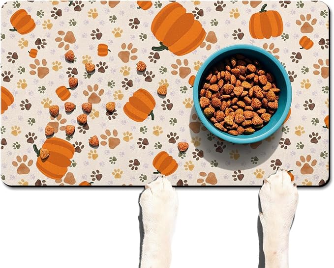 Fall Pumpkin Dog Food & Water Mat, Paw Prints Autumn Pet Feeding Mat for Floor Non-Slip Waterproof, Super Absorbent Cat Bowl Mat, Easy to Clean Eco-Friendly Durable Pet Placemat,16" × 24"