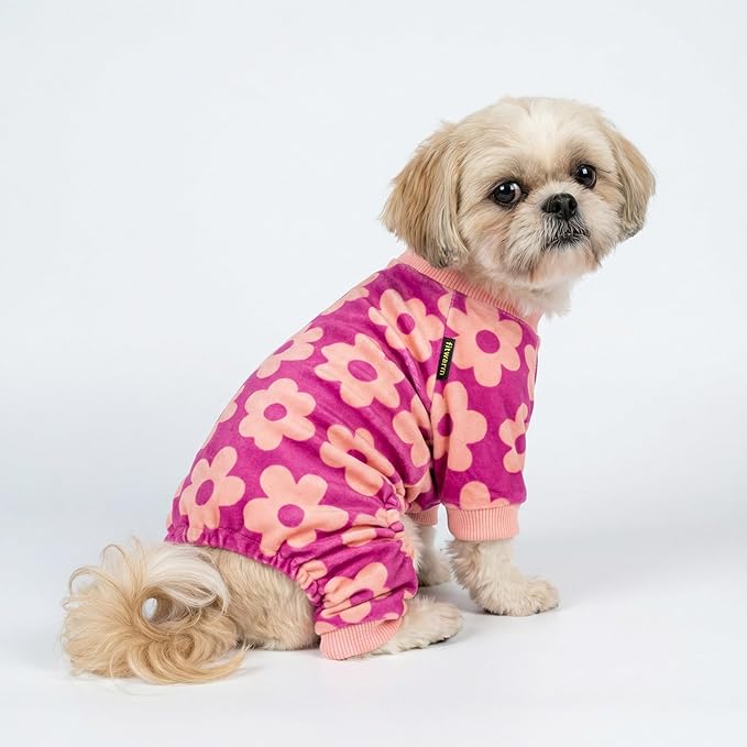 Fitwarm Flower Fleece Dog Pajamas, Warm Winter Dog Clothes for Small Dogs Girl, Cozy Pet Onesie with Feet, Pink, XS