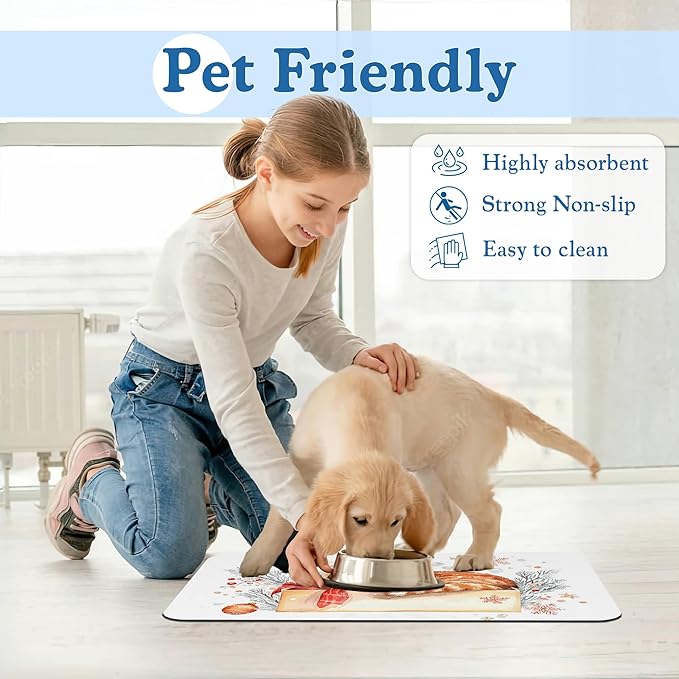 Cat Dog Cat Food Mat–Christmas Stocking Absorbent Waterproof Placemat for Food and Water Bowls, Non Slip Rubber Backing, Feeding Mat for Clean Floors 16"x24"