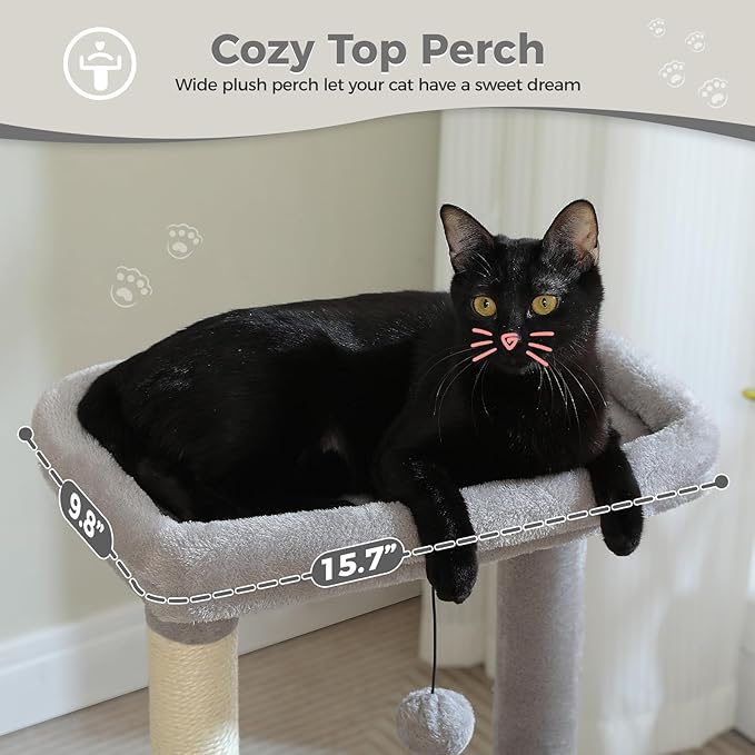 PEQULTI 4-in-1 Cat Tree, 33'' Cat Tower for Indoor Cats with Large Cat Condo, Scratching Post for Cats with Deep Hammock& Cozy Top Perch, Grey