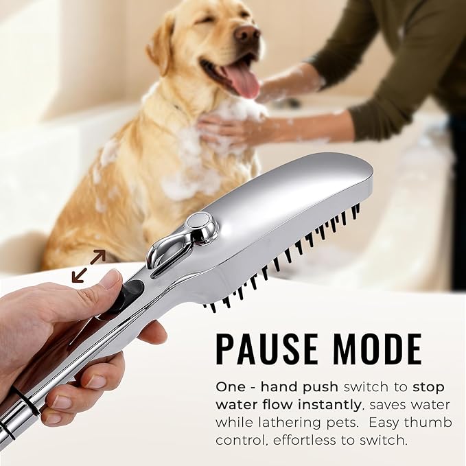 G-Promise 3 Mode Dog Shower Attachment with Pause Mode, Dog shower Sprayer with 118 Inches Stainless Steel Hose, Metal Diverter, Adhesive Holder, for Fast and Easy Dog Bathing and Cleaning(Chrome)