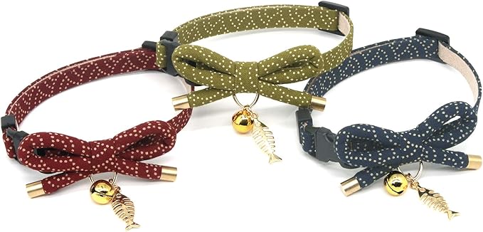 PetSoKoo Cute Bowtie Cat Collar with Bell. Japanese Stylish Bowknot & Fish Charm. Safety Breakaway, Soft, Lightweight, for Girl Boy Male Female Cats Kitten,Navy Blue