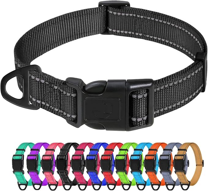 TagME Dog Collars, Adjustable Reflective Nylon Pet Collar with Quick Release Buckle for Medium Dogs, Black, 1.0" Width