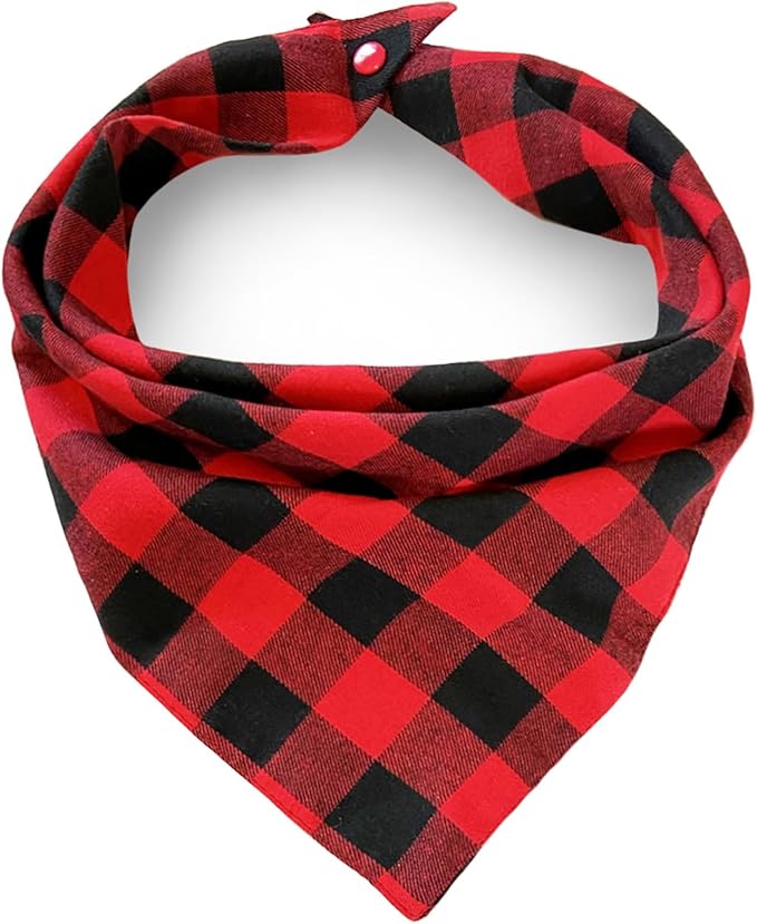 Christmas Plaid Dog Bandana with Button, Fall Dual Layer Soft Cotton Triangle Dog Scarf Kerchief Washable Girl Boy Dog Bandanas Adjustable Accessories for Small Medium Large Extra Large Dog Puppy Pet
