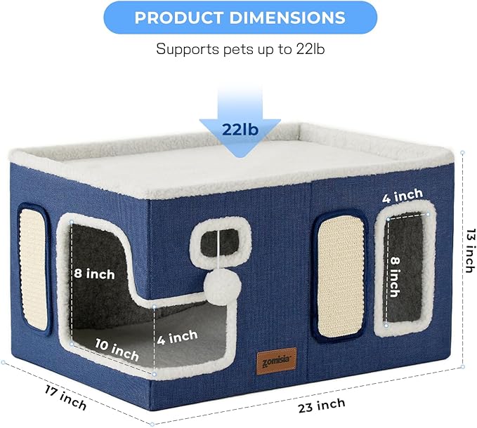 Extra-Wide Cat House for Indoor Cats - Large Cat House for Pet with Fluffy Ball Hanging and Scratch Pad, Foldable Cat Hideaway for Multi Cats, 23x16.5x13 inches, Grey