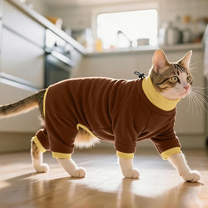 PUMYPOREITY Cat Hair Sticky Sweater, Recovery Suit - Breathable & Lightweight for Post-Surgery Protection, Cat Onsie Prevents Licking Wounds, Brown, XL