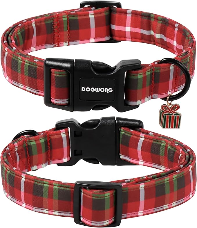 DOGWONG Christmas Plaid Dog Collar, Cute Adjustable Red Collar for Boy and Girl Dogs, Dog Collar with Strong Plastic Buckle for Small Medium Large Dogs,XL