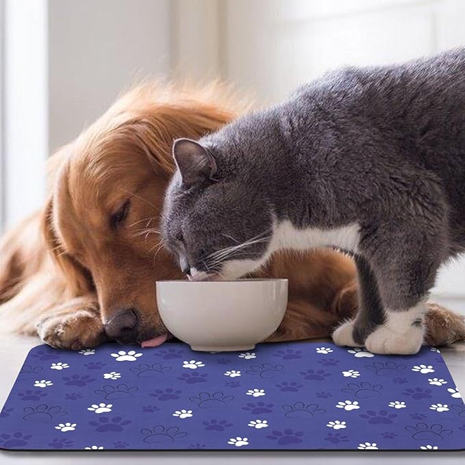 Dog Food Mat, Absorbent Water Bowl Mats Cat Pet Feeding Placemats Dark Blue 16 * 24 inch