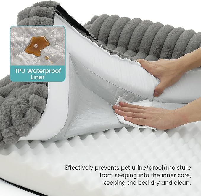 Cute Dog Bed, Faux Rabbit Fur Orthopedic Foam Dog Bed with Sides, Removable Washable Cover & Waterproof Lining, Comfortable Pet Couch for Extra Large Dogs, Grey (48" L x 35" W x 7.5" Th)