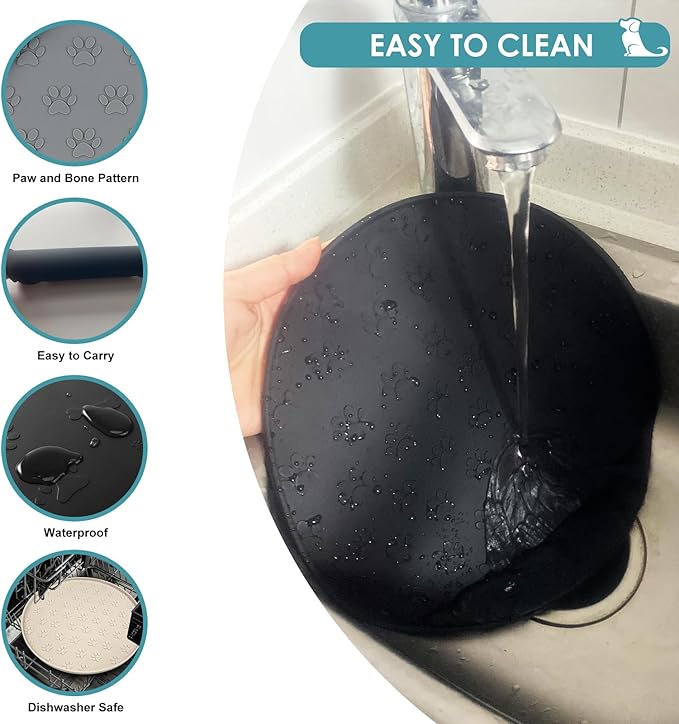 Dog Food Mat - Waterproof Silicone Cat Mat for Food and Water, Pet Food Mat with Edges for Protecting Floors(1Pack Black)