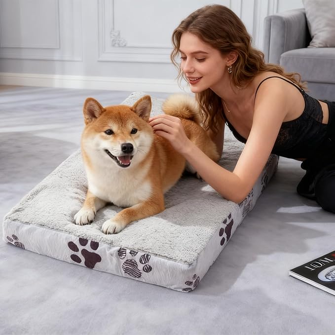 Waterproof Orthopedic Dog Bed for Extra Large Dogs 41x27x4 Inch - Egg Crate Foam Pet Crate Bed with Removable Washable Cover, Plush Top Anti-Slip Bed Mat, Beige