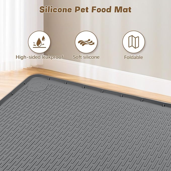 Cat Food Mat, 57" x 40" Extra Large Silicone Pet Feeding Mat with Raised Edge Pet Placemat for Food and Water Bowl Non-Slip, Easy to Clean, Floor Protection (Dark Grey)