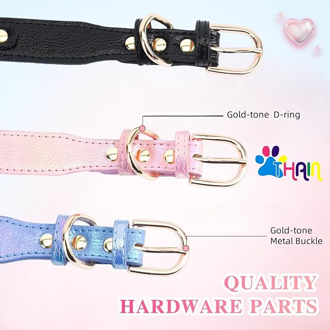 THAIN Fashion Dog Collar with Bling Diamonds & Heart Charm – 5 Holes Adjustable PU Leather Rhinestones Necklace Collar, Gold Buckle for Small Dogs Girl boy (Blue, XS)
