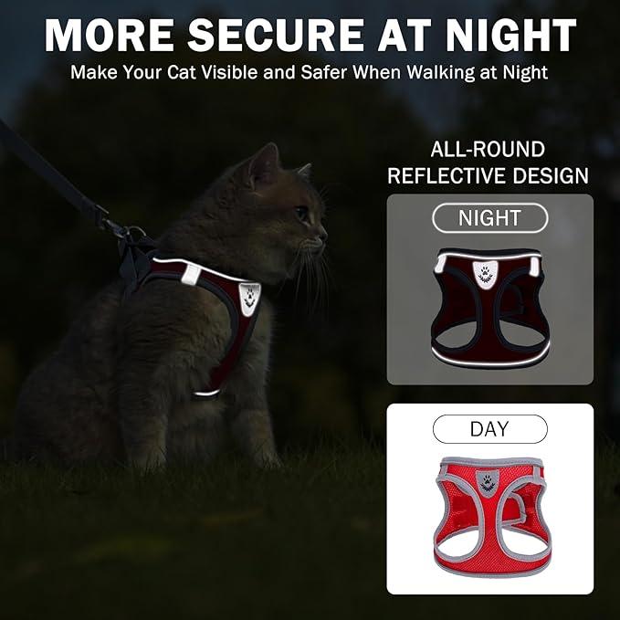 SCENEREAL Cat Harness and Leash Set Escape Proof, Adjustable Soft Air Mesh Kitten Harnesses for Girls Boys Small Medium Big Cats, Reflective Light Travel Pet Walking Vest for Puppy Rabbit, Red L