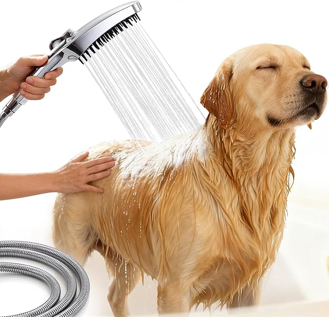 G-Promise 3 Mode Dog Shower Attachment with Pause Mode, Dog shower Sprayer with 118 Inches Stainless Steel Hose, Metal Diverter, Adhesive Holder, for Fast and Easy Dog Bathing and Cleaning(Chrome)
