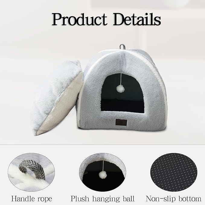 Large Cat Bed for Indoor Cats - Cat House Cats Tent with Removable Washable Cushioned Pillow, Soft and Self Kitten beds,Pet Bed, Grey,17.5inches