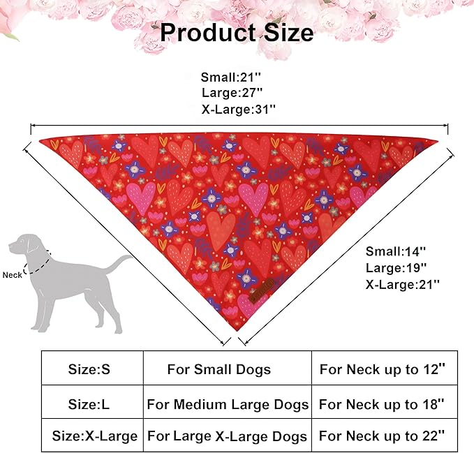 ADOGGYGO Valentines Dog Bandana 2 Pack, Heart and Floral Print Pet Scarf Bib, Adjustable Fit Red Pink Valentines Bandanas for Extra Large Dogs (X-Large)