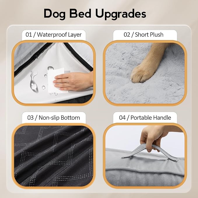 Large Dog Bed - XL Orthopedic Egg-Crate Memory Foam Dog Beds with Removable Washable Cover, Waterproof Pet Beds with Non-Slip Bottom, Grey