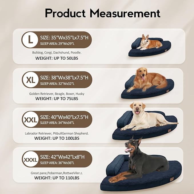Large Orthopedic Dog Bed with Sides Big Dog Beds with Removable Washable Cover Non-Slip Waterproof Pet Bed for Medium Large Dogs - Navy Blue L