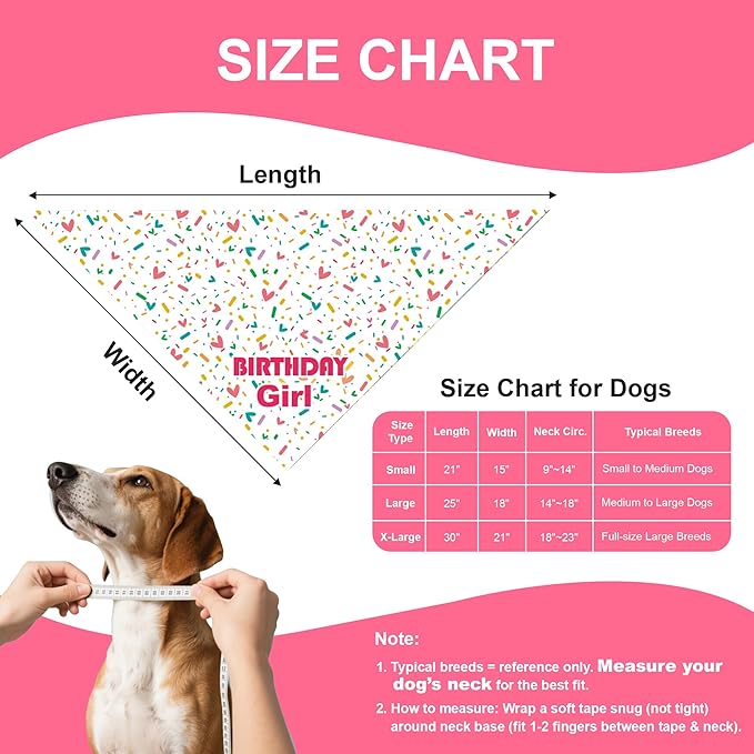 Dog Birthday Bandana Girl for Large to X-Large Dogs, Reversible 2 Patterns in 1, White & Pink Confetti Scarf, Puppy Party Outfit Gift (18-23" Neck)